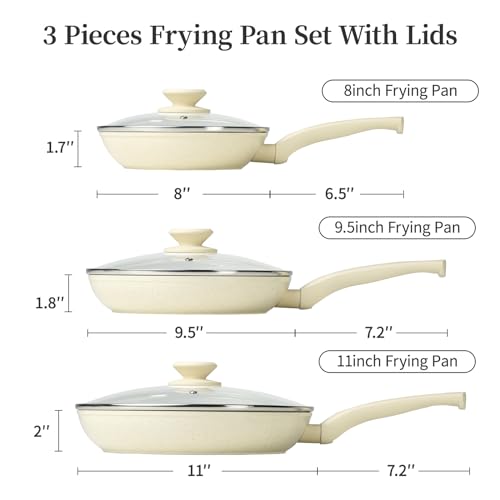 Nonstick Ceramic Frying Pans Skillets Set with Lid 8"+9.5"+11" (Beige)