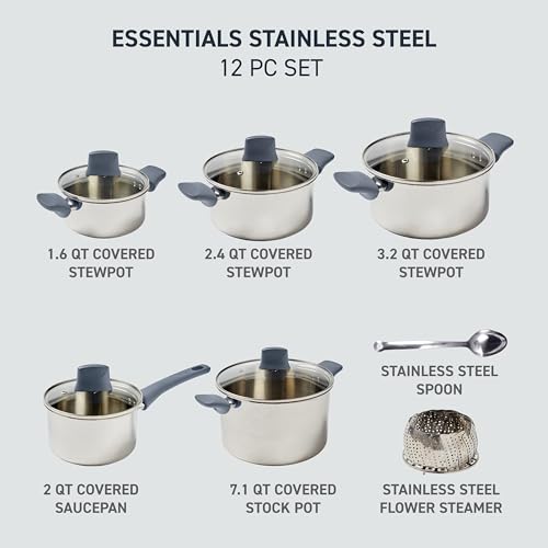 Essentials Stainless Steel Cookware Set 12 Piece (12-Piece Set)