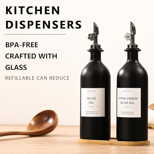 Olive Oil Dispenser for Kitchen (16oz-Black&Black Spout+Tray / 16 fl oz)