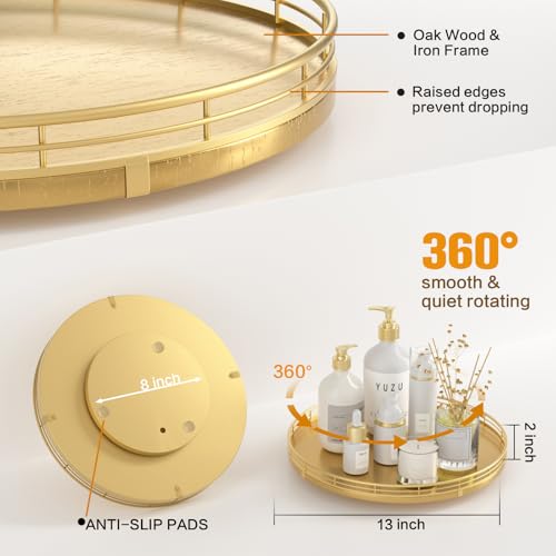13 Inch Oak Lazy Susan Decorative Tray with Gold Metal Rail (Golden / 13)