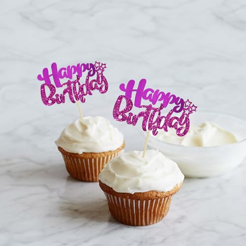 24Pcs Happy Birthday Cupcake Toppers Double Layer Glitter Happy Birthday Cake Decorations for Celebrating Baby Shower Theme Kids Boys Girls Anniversary Party Decorations Supplies Purple (Style 1 / Purple)