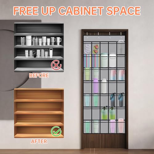 35 Pockets Door Hanging Cup Organizer Fit for Stanley Tumblers (67'' x 27.6'' / Gray)