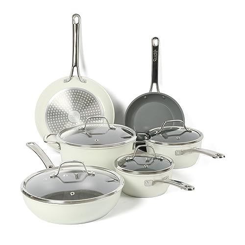 Kitchen Essentials 10 Piece PFA Free Non (Linen White / 10-Piece Cookware Set)