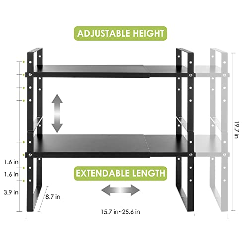Expandable Cabinet Shelf Organizer Rack (8.7''D*15.7-25.6''W*9.8''H / Black-2 Pack)