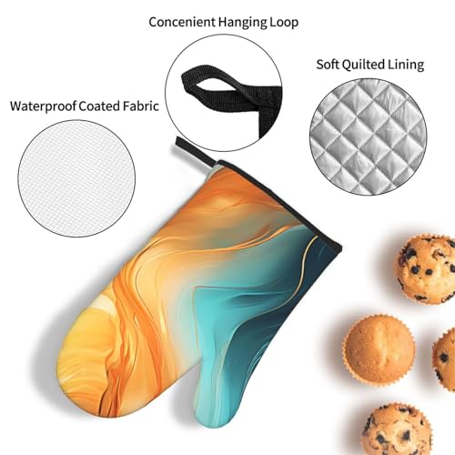 Orange Teal Marble Oven Mitts and Pot Holders Sets of 3 (Orange Teal)