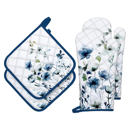 Blue Watercolor Flower Oven Mitts and Pot Holder Set (Blue Watercolor Flower / Oven Mitt x2 & Pot Holder x2)