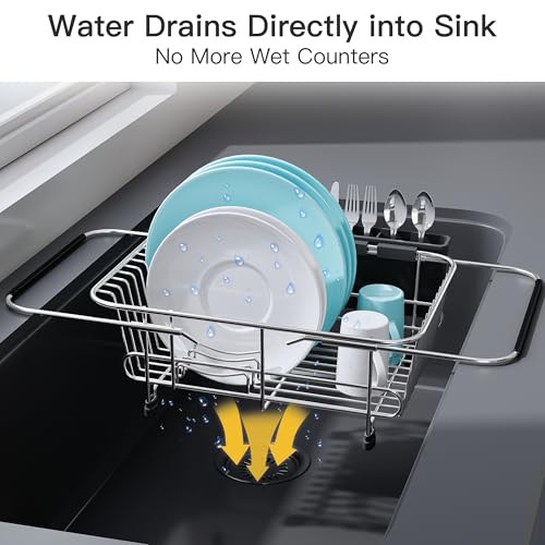 Sink Small Dish Drying Rack with Utensil Holder (Silver / For 10"-12"w Sink)