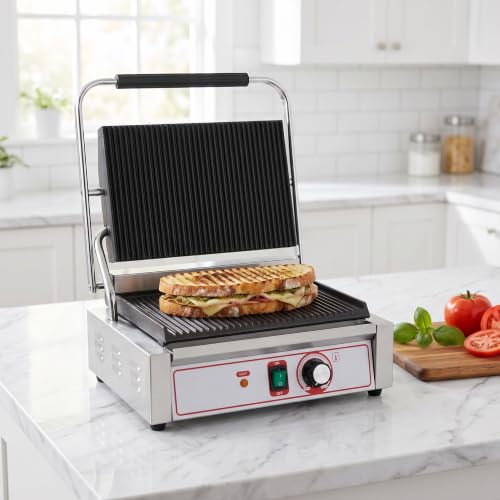 Commercial Panini Grill Flat Press Sandwich Maker Industrial Panini Machine Single Grill Big (Standard Grooved Top And Bottom)