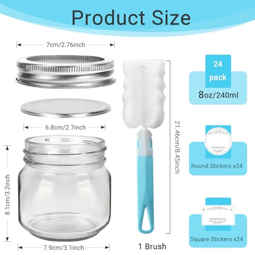 24 Pack 8 oz Clear Glass Mason Jars with Silver Metal Split Lids (8 oz - 24 Pack)