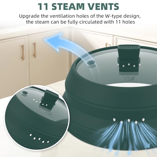 Tall Microwave Splatter Cover Glass Cover Guard Lid 6 inch Height with Collapsible Silicone for Food Pot Plate 12.5 inch Dark Green (Dark Green / Taller style 12.5 inch)