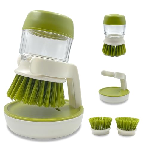 Soap Dispenser Dish Brush Palm Brush Scrub Brush Equipped with Storage Bracket and Drainage Base (Green)