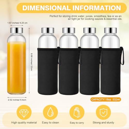 12 Pack Glass Water Bottles with Sleeves (Low Profile / Black)