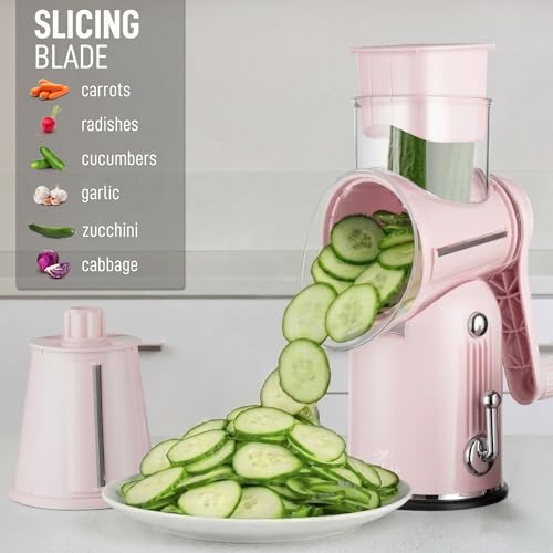 Rotary Cheese Grater Manual Hand Crank 5 Blade Shredder (5 Blades / Classic | Pink)