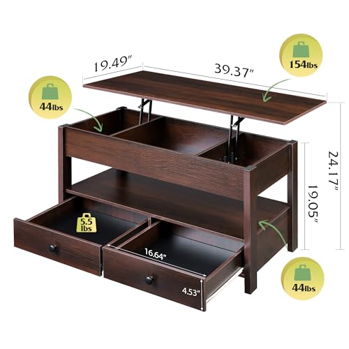 Lift Top Coffee Table with 2 Drawers (Rustic Espresso / 39" with Drawer)