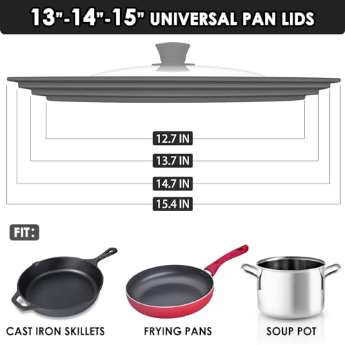 13-14-15 in Universal Pan Lid, Extra Large Silicone Pot Lid for Pots, Pans & Skillets, Replacement Frying Pan Lid with Heat Resistant Silicone Knob, Dishwasher Safe, Grey (Grey / 13''-14''-15'')