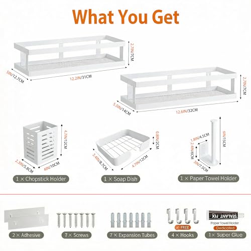 5-in-1 Shower Caddy & Kitchen Organizer Set, Wall Mount Wide Spice Rack with Paper Towel Holder, Utensil Holder, Soap Dish, Rustproof Mesh Baskets Hold 50LBS - White, Guardrail (White / 5-in-1 Minimalist (12.6" Wide))