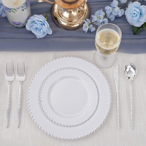 100pcs White Plastic Plates with Silver Beads for Bridal Showers (Silver and White Plastic Plates / 100PCS)