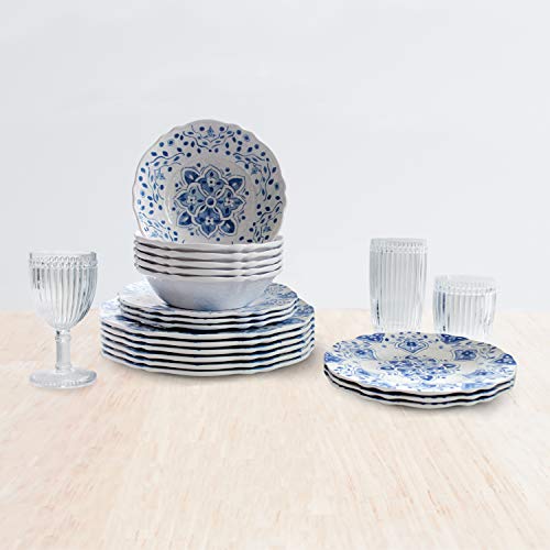 18 Piece Luxury Melamine Dinnerware Set (Moroccan Blue)