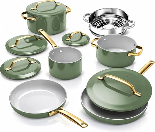 Modern 11 Pc Ceramic Cookware Set (Sage Green)