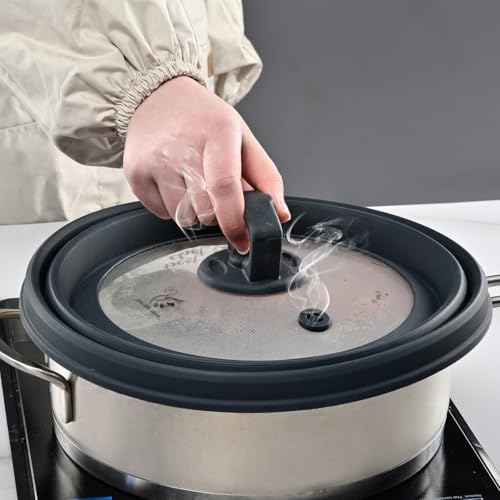 Microwave Splatter Cover Vented Glass Splatter Guard Lid with Collapsible Silicone for Food as Pot Cover Plate 10.8 inch for 6 7 8 9 10 inch Plate Bowl (Regular style 10.8 inch / Grey)