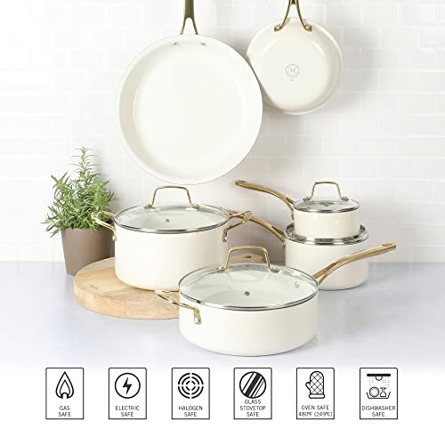 Lockton Premium Non stick Non Toxic PFA Free Ceramic Interior 10 Piece Heavy Gauge Enamel Aluminum Pots and Pans Cookware Set (10-Piece Cookware Set / Linen w/ Gold Handle)