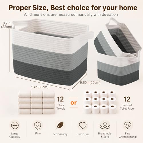 Cotton Rope Storage Baskets for Organizing Dark Gray 3 (Gradient Dark Gray / 3 pcs-13”x9.9”x8.7”)
