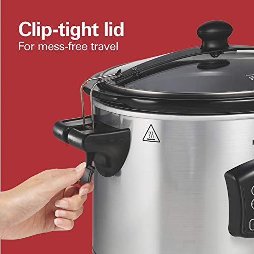 Portable 6 Quart Set & Forget Programmable Slow Cooker (Defrost, Silver)