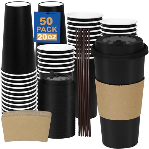 20 oz 50 Pack Coffee Cups with Lids and Sleeves (Black- 50packs / 20 oz)
