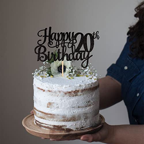 1 PCS Happy 20th Birthday Cake Topper Glitter Cheers to 20 Years Birthday Cake Pick Twenty 20 Fabulous Cake Decoration for Happy 20th Birthday Theme Party Decorations Supplies Black (Black / 20th)