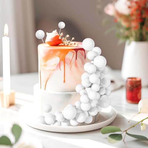 48 Pcs White Balls Cake Topper Decorations Balloon Cupcake Toppers Foam Cake Topper Balls Cake Balls Decorations for Birthday Party Wedding Anniversary Cake Decorating (48 Count)