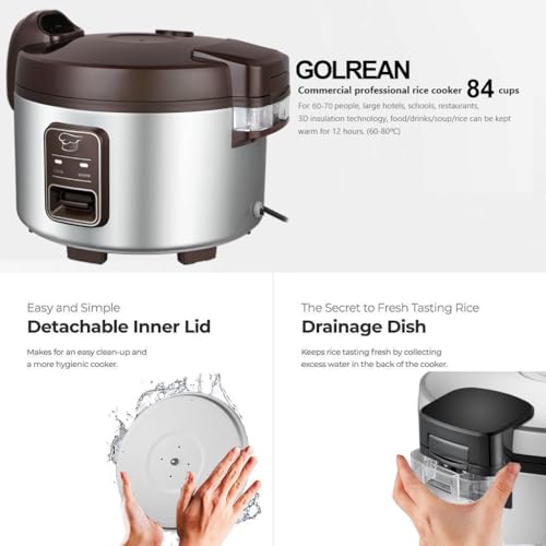 15.8QT Large Commercial rice cooker & warmer 84 cups cooked rice (Silver & Black / 84 Cups Cooked - Rice Warmer)