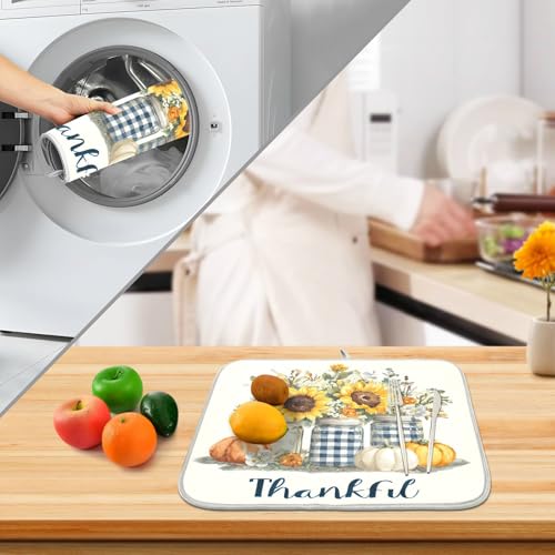 Autumn Pumpkin and Sunflower Floral Vase Dish Drying Mat for Kitchen Counter Absorbent Microfiber Small Drying Pad Dish Mats for Kitchen Countertops 16 x 18 Inch (18" x 16")