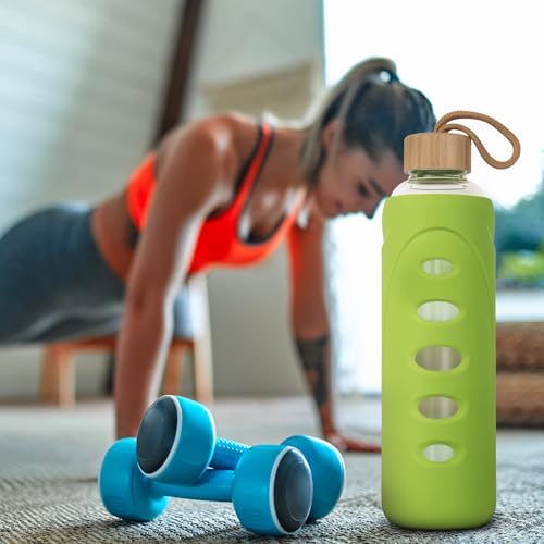 32 oz Narrow Mouth Glass Water Bottle with Windowed Silicone Sleeve (Green)