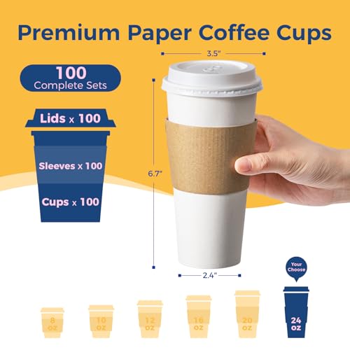 100 Pack 24 oz Disposable Coffee Cups with Lids (24 oz / Classic)