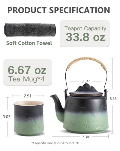 Japanese Teapot Set with 4 Cups (Black & Pea Green / 33.8oz Teapot&4 of 8oz Cups)
