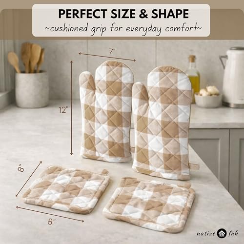 Buffalo Plaid Check Oven Mitts and Pot Holders Set of 4 (Buffalo, Beige)