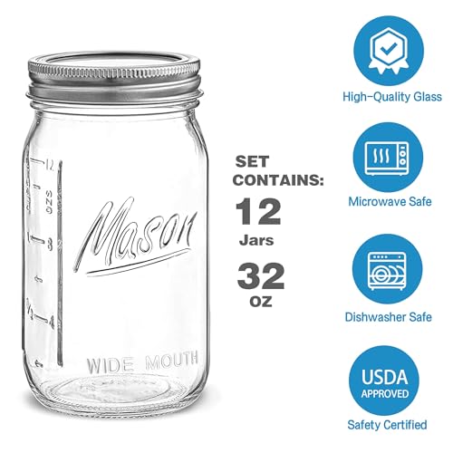 Wide Mouth Mason Jars 32 oz (32 oz-12Pack-Mason)