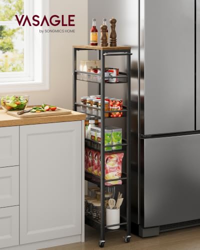 6 Tier Slim Rolling Storage cart with Wheels (Rustic Brown + Matte Black / 6 Tiers (8.7"D x 51.7"H))