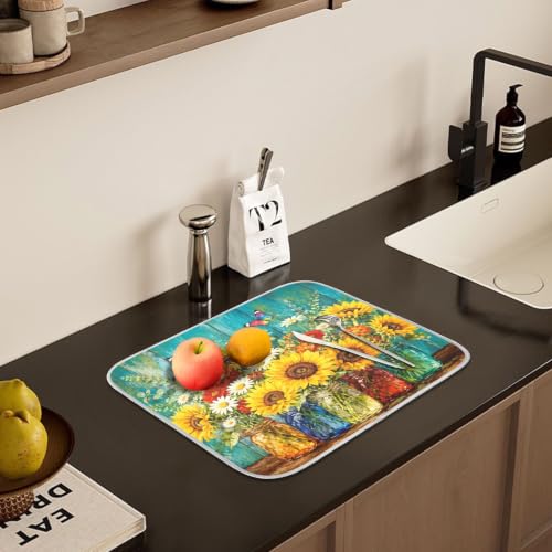 Spring Summer Floral Jar Dish Drying Mat for Kitchen Counter Absorbent Microfiber Large Drying Pad Dish mats for Kitchen Countertops 18 x 24 Inch (Spring Summer Floral Jar / 24" x 18")