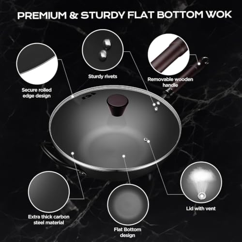 Wok 13 Inch carbon steel wok pan with steamer & stir (13 Inch)