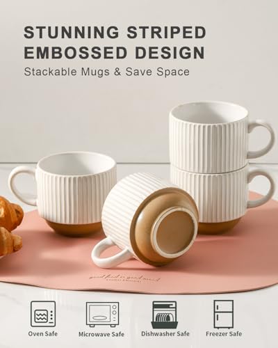 15 oz Ribbed Stackable Ceramic Coffee Mug Set of 4 (White & Light Brown / 15 Ounces)
