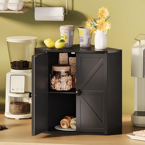 Corner Bread Box for Kitchen Counter Double Layer Bamboo Bread Storage Container Large Capacity Bread Storage Bin Farmhouse Breadbox Organizer (Black)