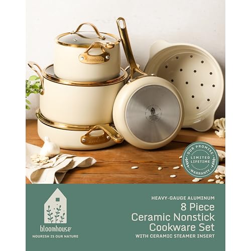 Pots and Pans Set (Almond Cream w/ Gold Handle / 8-Piece Cookware Set)