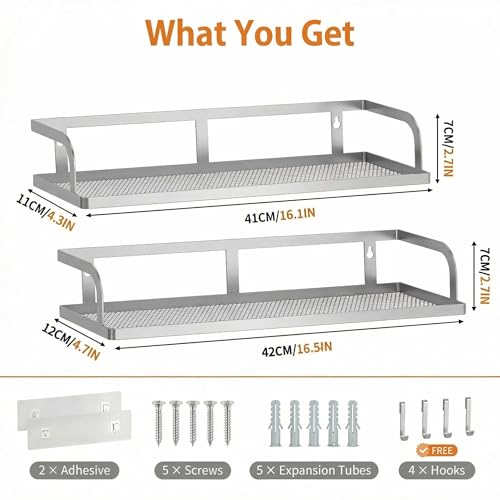 2 Pack 16.5" Extra Long Slim Hollowout Shower Caddy (Silver Grey / U-Shape Easy Access (16.5" Extra Long))
