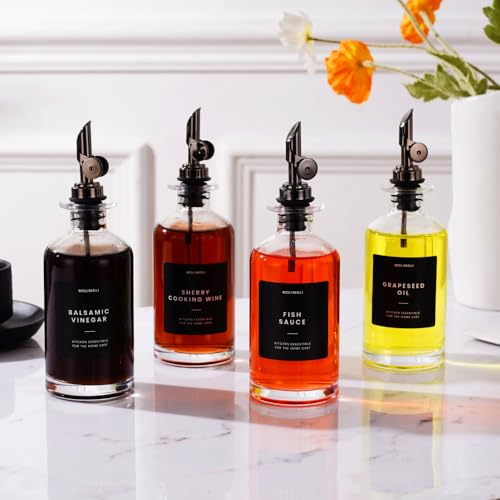 Olive Oil Dispenser Bottle for Kitchen With Weighted Pourer (350ml, Set of 4 Bottles / Black)