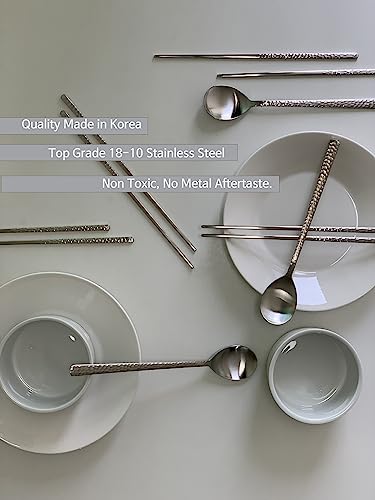 Korean Made Silver Glossy Hammered Stainless Steel Korean Spoon & Chopstick SET Gift for Mom Stocking Stuffer (4SET)