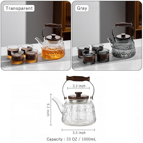 Stovetop Safe Glass Teapot with Malus Spectabilis Pattern Removable Infuser Fine Borosilicate Tea Pot perfect for Fruit Flowering Tea Canister Premium Quality Tea Kettle Gift (Gray / 1000ml)