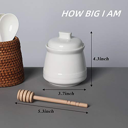 Honey Jar with Lid and Honey Dipper (White)
