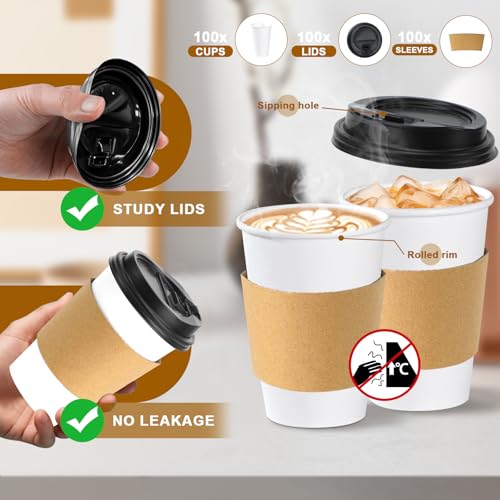 50 Pack 10 oz Disposable Coffee Cups With Lids and Sleeves (White / 10oz-50Pack)