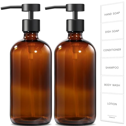 Amber Glass Soap Dispenser (Amber Bottle + Black Flat Pump / 2 Pack)